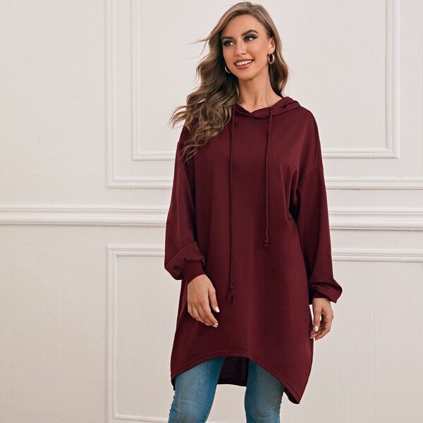 

Drop Shoulder Dip Hem Longline Hoodie, Maroon