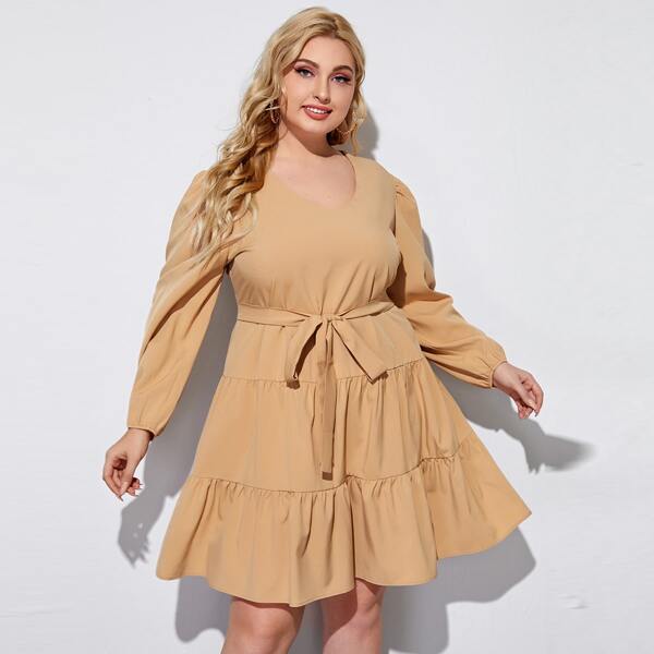 

Plus Self Tie Swing A-line Dress, Khaki