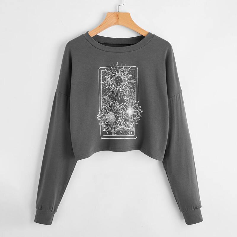 

Letter Sun & Flower Graphic Crop Tee, Dark grey