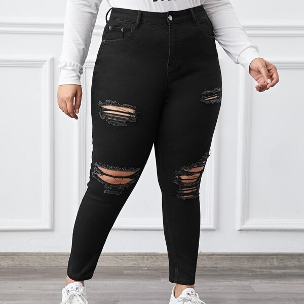 

Plus High Waist Ripped Detail Skinny Jeans, Black