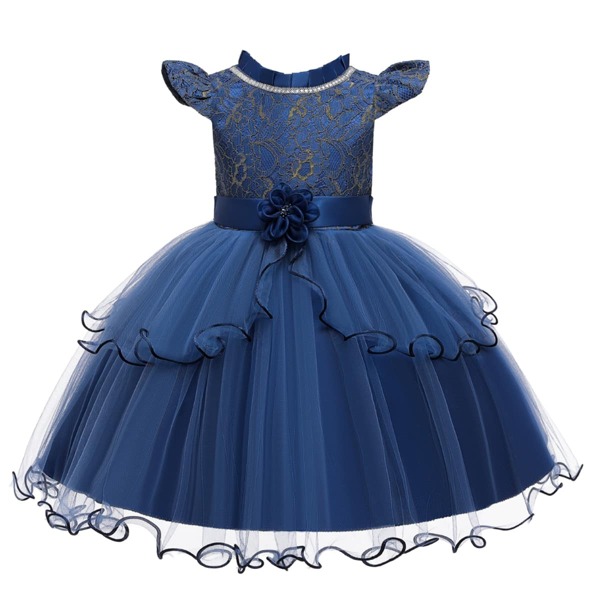 

Toddler Girls Stereo Flower Tie Back Mesh Gown Dress, Navy blue