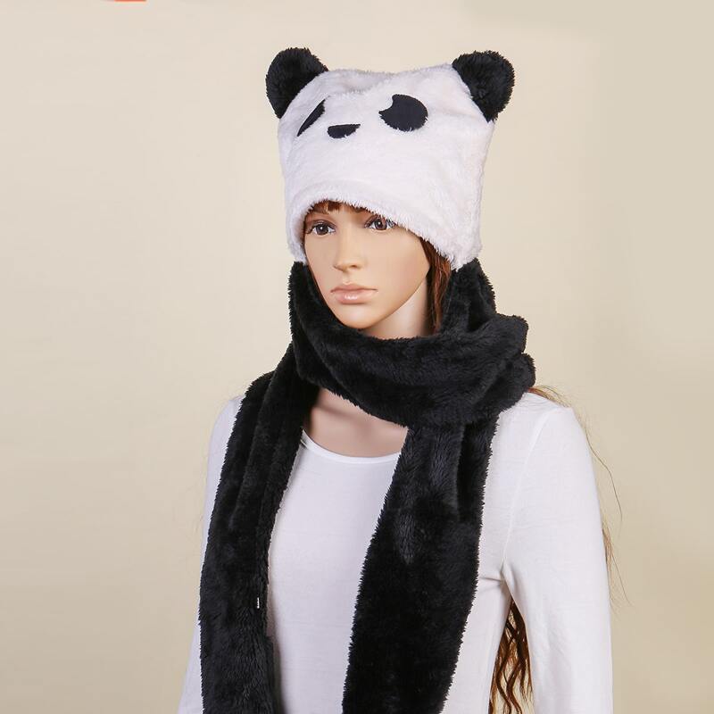 

Cartoon Panda Fluffy Hat With Scarf, Black and white