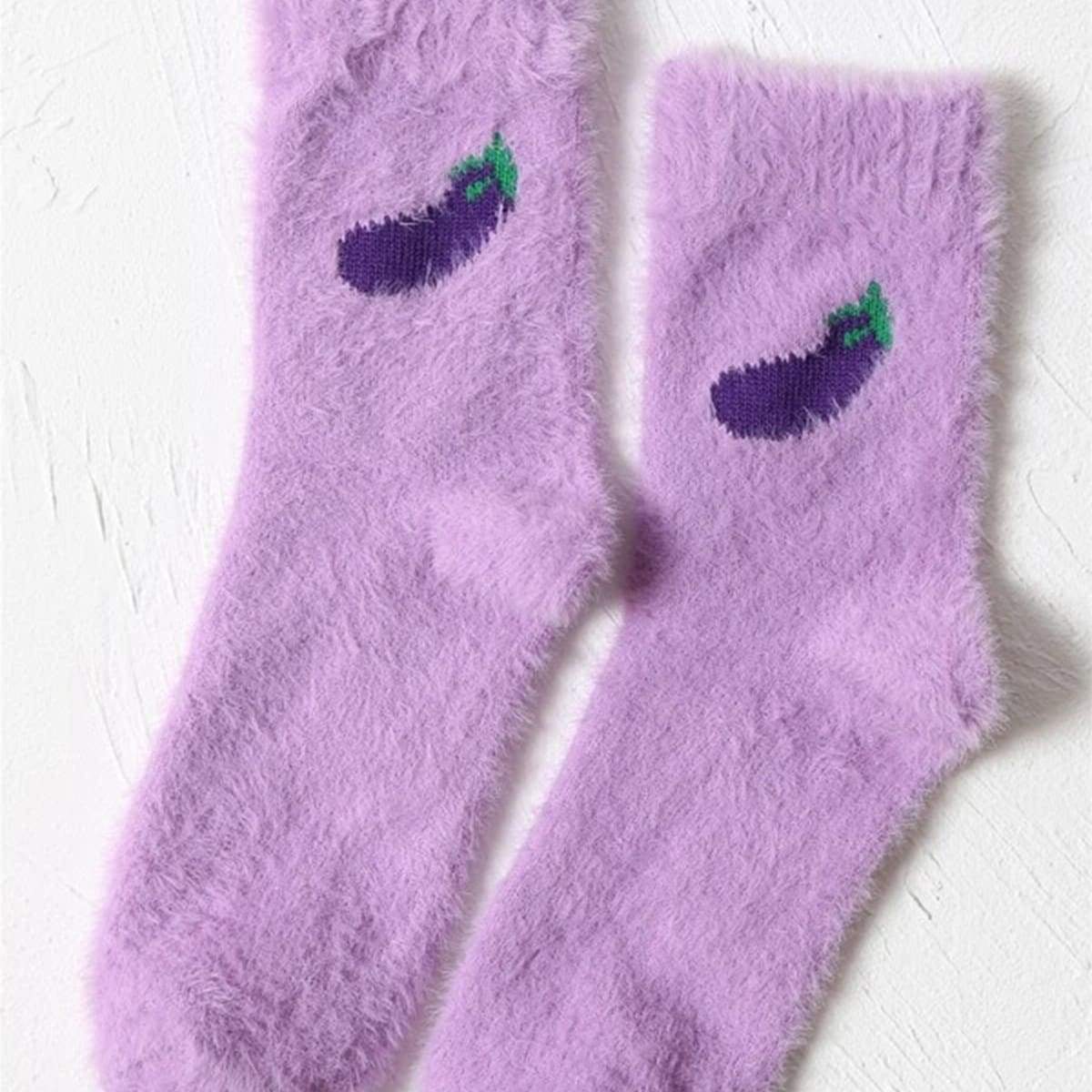 

Eggplant Print Fuzzy Socks, Purple