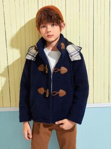 SHEIN Boys Teddy Duffle Coat - Navy Blue - View 1
