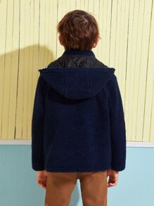 SHEIN Boys Teddy Duffle Coat - Navy Blue - View 2