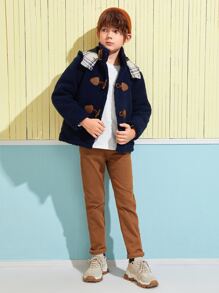 SHEIN Boys Teddy Duffle Coat - Navy Blue - View 3