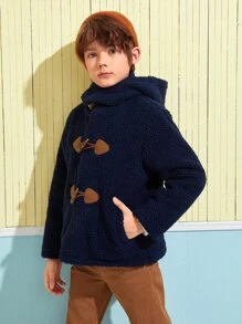 SHEIN Boys Teddy Duffle Coat - Navy Blue - View 4