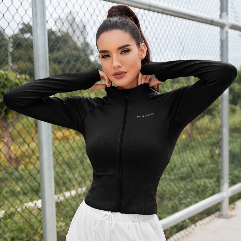 

Zip Up Sports Jacket With Thumb Hole, Black