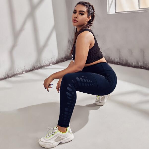 

Plus Laser Cut Out Sports Leggings With Phone Pocket, Navy blue