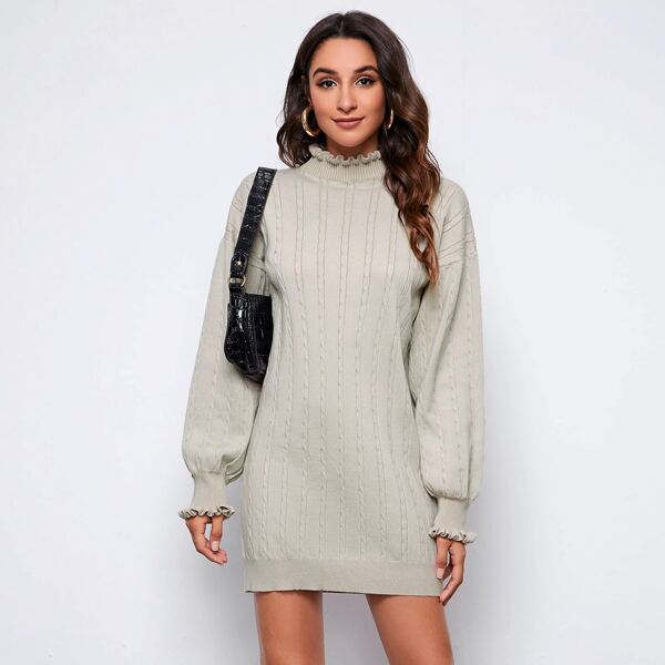 

Frill Trim Drop Shoulder Sweater Dress, Beige