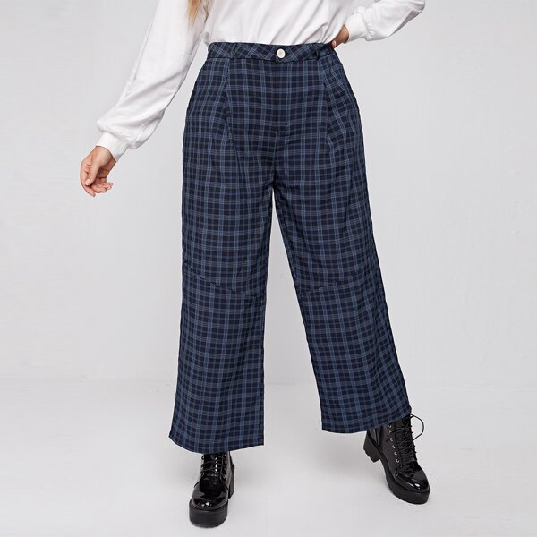 

Plus Pocket Front Plaid Wide Leg Pants, Navy blue