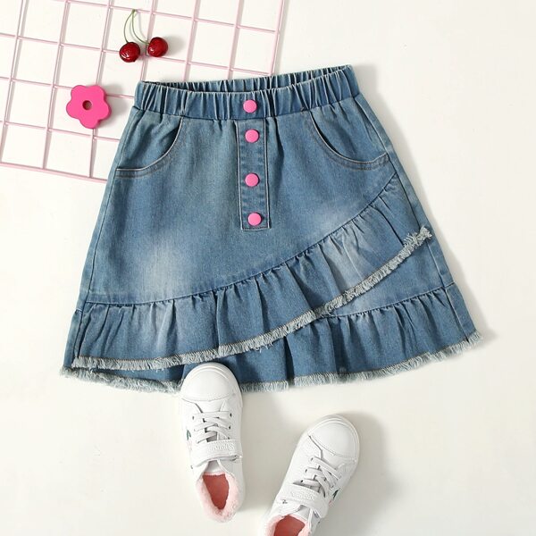 

Girls Button Front Raw Trim Denim Skirt, Medium wash