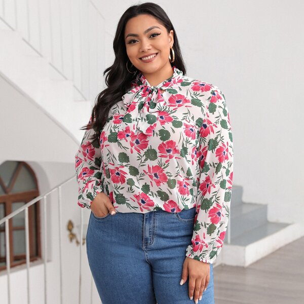 

Plus Lantern Sleeve Tie Neck Floral Top, Multicolor