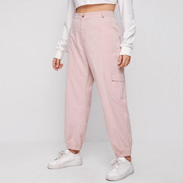 

Plus Zip Fly Flap Pocket Cargo Pants, Baby pink