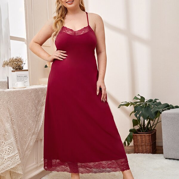 

Plus Lace Trim Halter Slip Nightdress, Burgundy