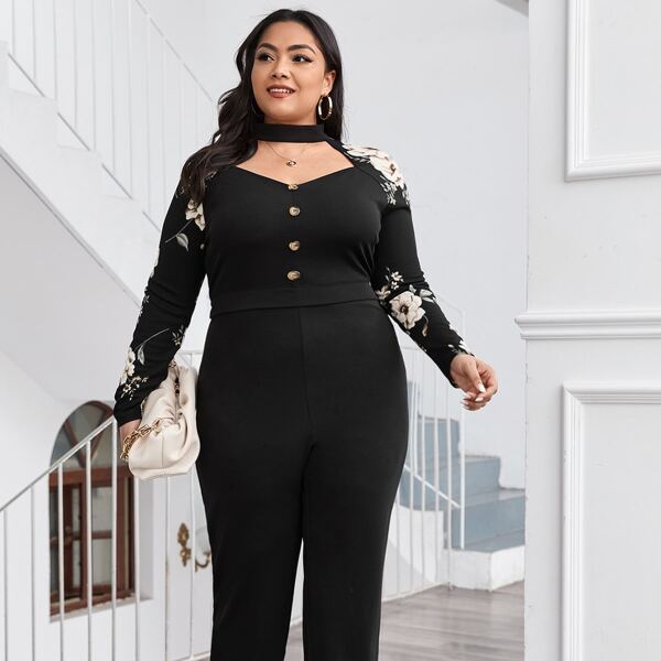 

Plus Cut Out Front Floral Sleeve Jumpsuit, Black