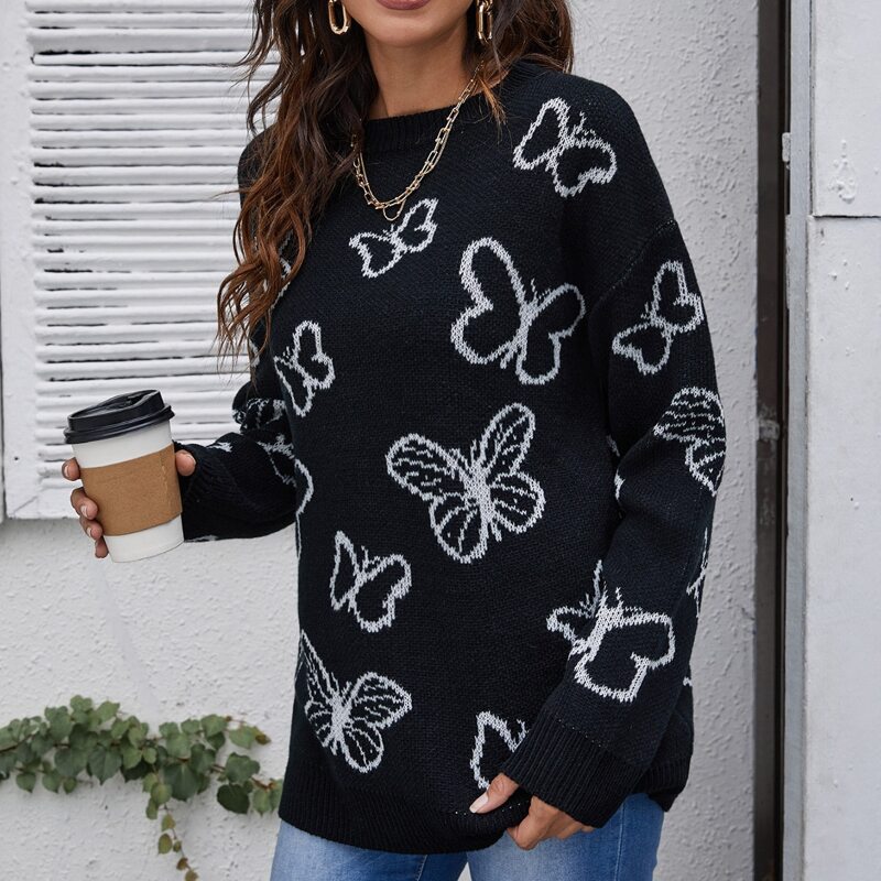 

Drop Shoulder Butterfly Pattern Sweater, Black