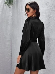 SHEIN Privé Button Detail Belted Satin Dress - Black - View 2