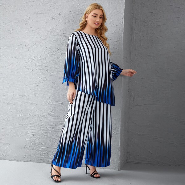 

Plus Color Block Striped Top & Wide Leg Pants, Multicolor
