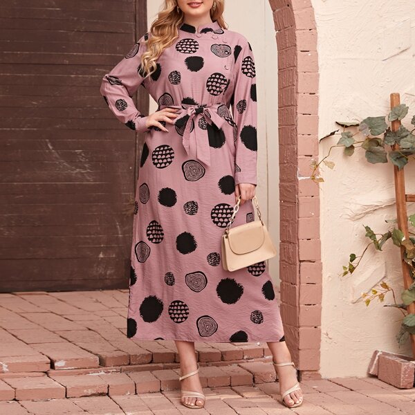 

Plus Graphic Print Button Detail Belted Dress, Dusty pink