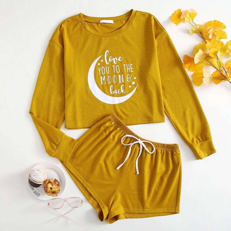 

Moon & Slogan Graphic Crop Top PJ Set, Mustard yellow
