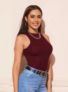 SHEIN Essnce Tank top unicolor tejido de canalé - Granate - Ver 3