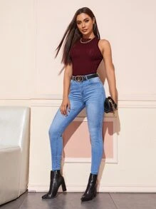 SHEIN Essnce Tank top unicolor tejido de canalé - Granate - Ver 5