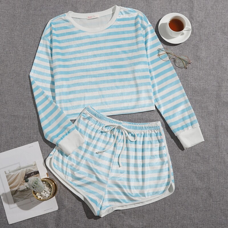 

Stripe Contrast Binding PJ Set, Baby blue