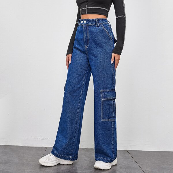 

High Waisted Flap Pocket Side Wide Leg Jeans, Dark wash