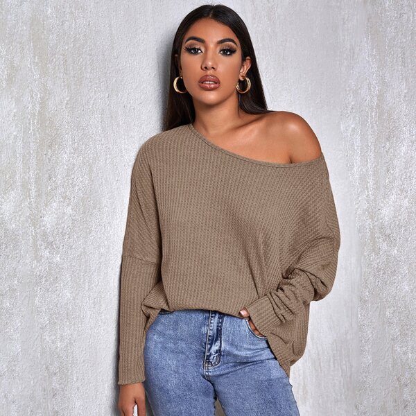 

Waffle Knit Dolman Sleeve Tee, Mocha brown