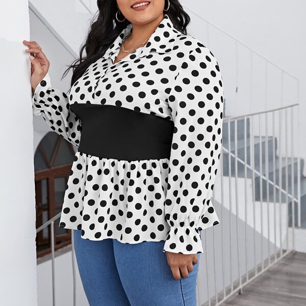 

Plus Contrast Panel Polka Dot Peplum Blouse, Black and white