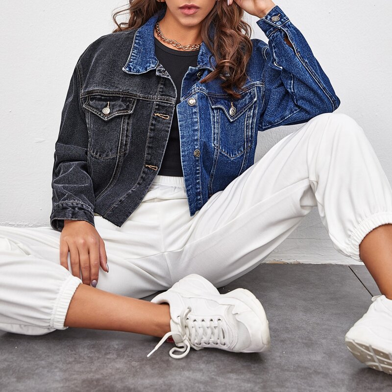 

Two Tone Flap Pocket Raw Hem Denim Jacket, Multicolor