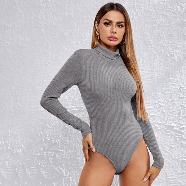

Solid Funnel Neck Rib-knit Bodysuit, Grey