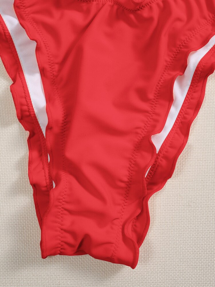 Frill Trim Triangle Tie Side Bikini Set Summer Beach - Red - View 3