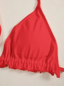 Frill Trim Triangle Tie Side Bikini Set Summer Beach - Red - View 4