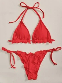 Frill Trim Triangle Tie Side Bikini Set Summer Beach - Red - View 5