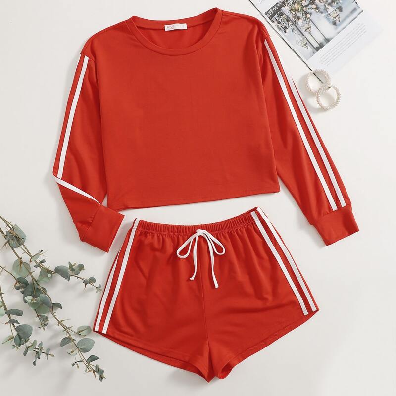 

Side Stripe Tie Front Shorts PJ Set, Red