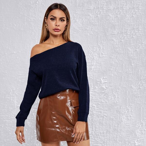 

Drop Shoulder Rib-knit Sweatshirt, Navy blue