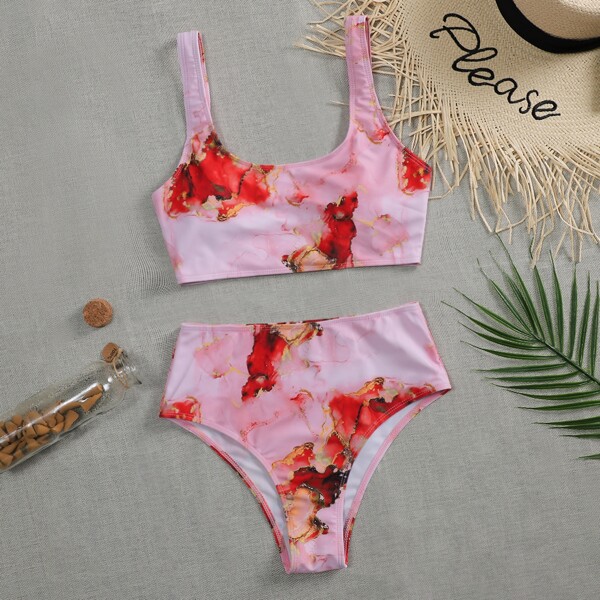 

Water Color High Waisted Bikini Swimsuit, Pink