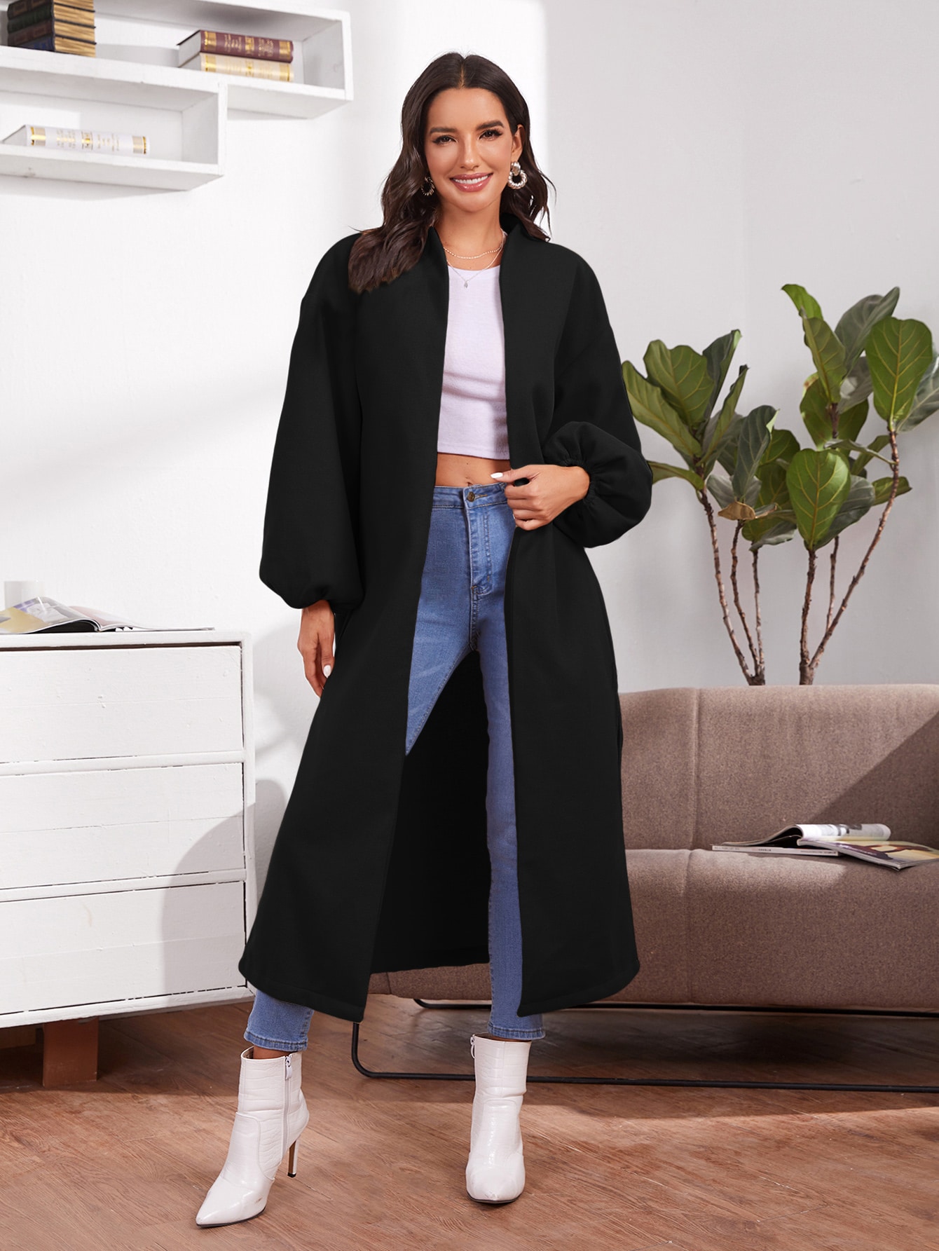 Drop Shoulder Lantern Sleeve Split Hem Coat thumbnail