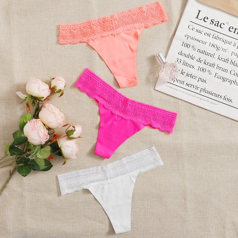 

3pack Lace Trim Thong Set, Multicolor