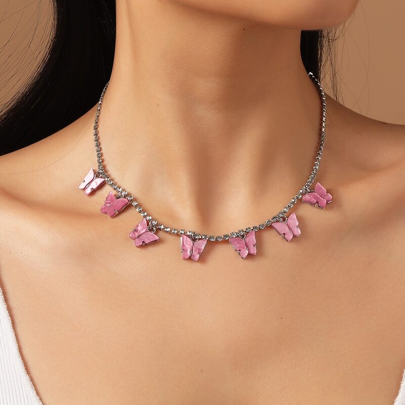 

Butterfly Pendant Rhinestone Necklace, Pink