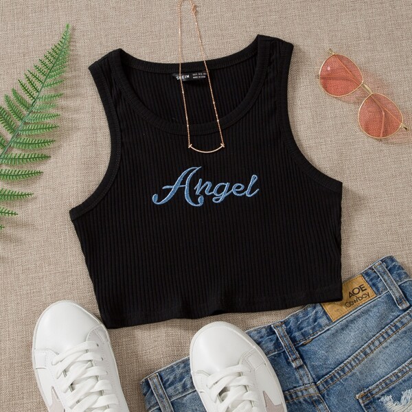 

Plus Letter Embroidery Crop Tank Top, Black