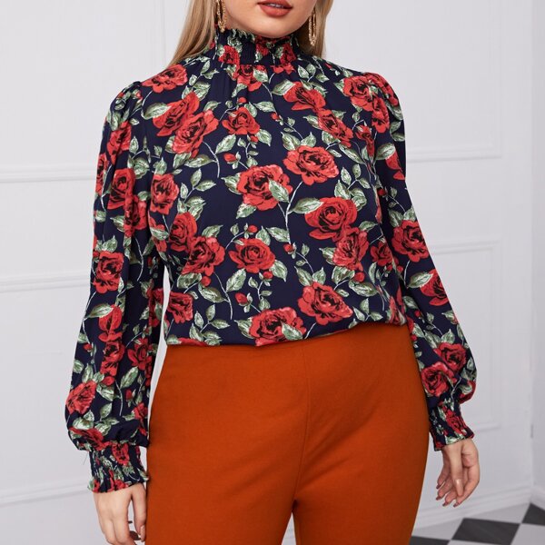 

Plus Floral Stand Collar Shirred Detail Top, Multicolor