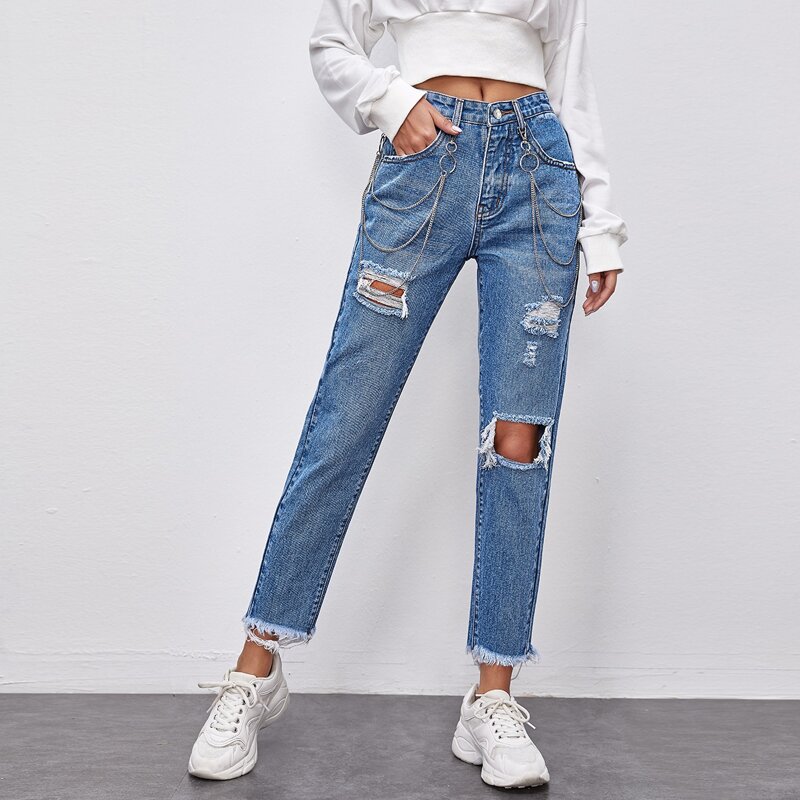 

Stone Wash Chain Detail Distressed Straight Leg Jeans, Medium wash