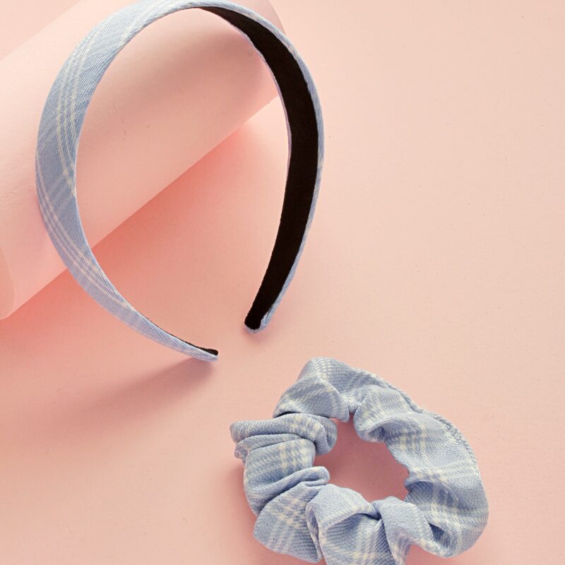 

2pcs Plaid Hair Hoop & Scrunchie, Baby blue