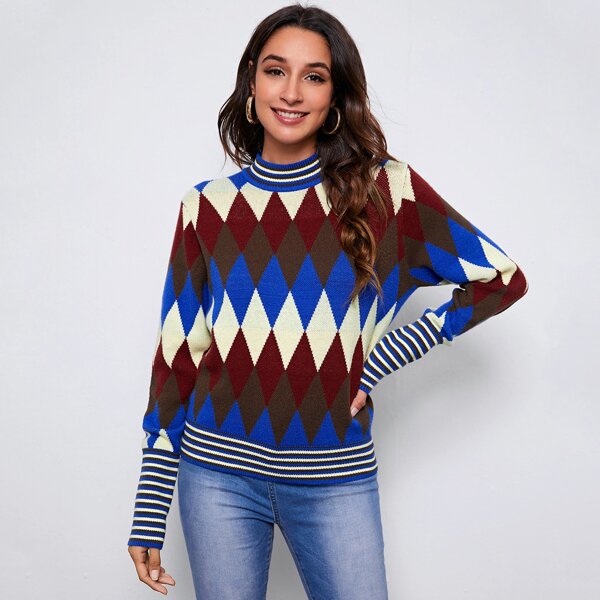 

Stripped Trim Argyle Pattern Sweater, Multicolor