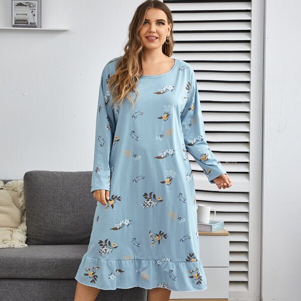 

Plus Floral Print Ruffle Hem Night Dress, Baby blue