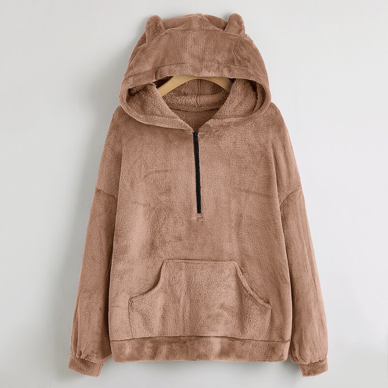 

Half Zip Kangaroo Pocket Teddy Ear Hoodie, Mocha brown