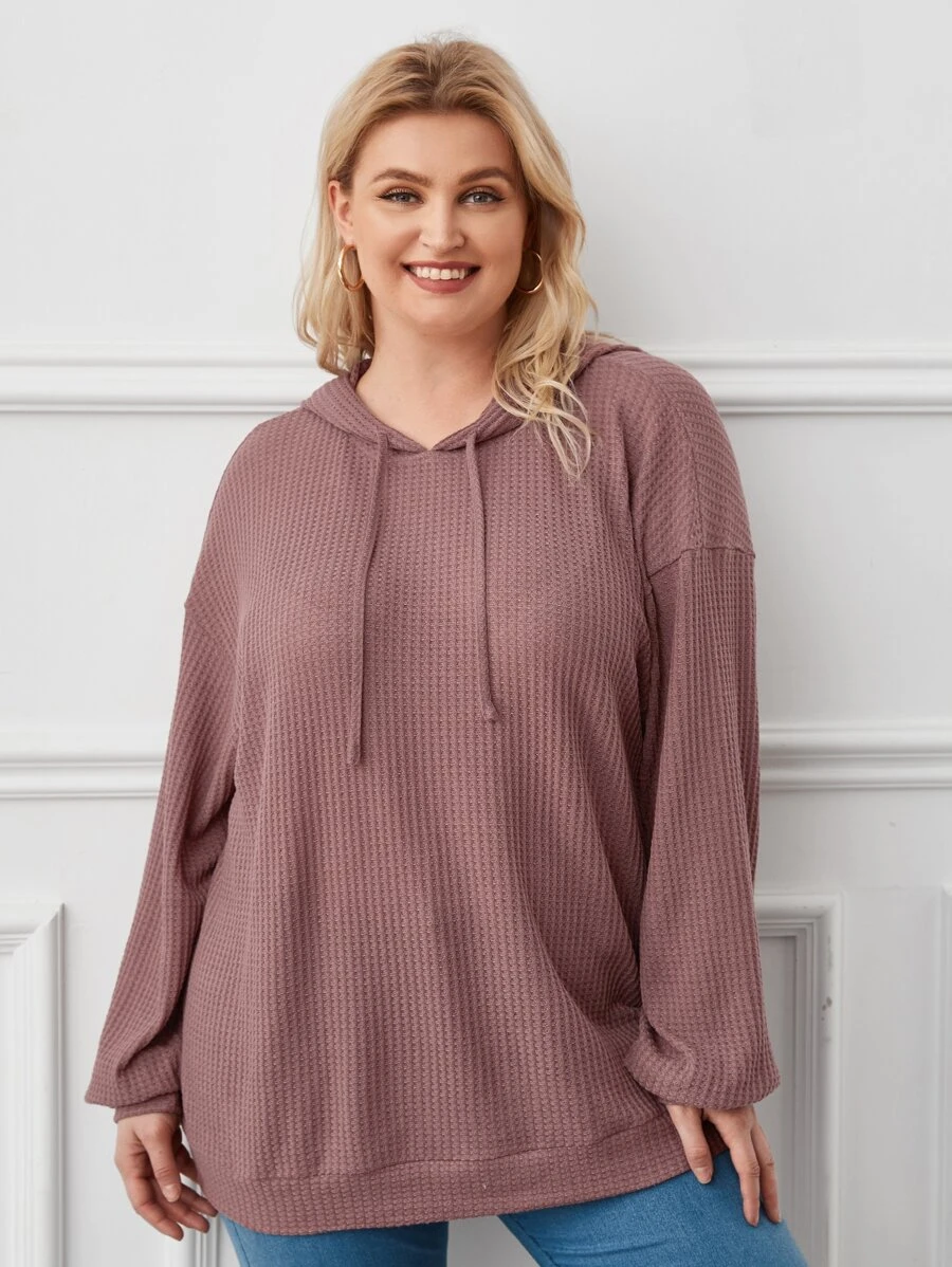 Plus Size Drop Shoulder Drawstring Sweatshirt - Dusty Pink - View 1